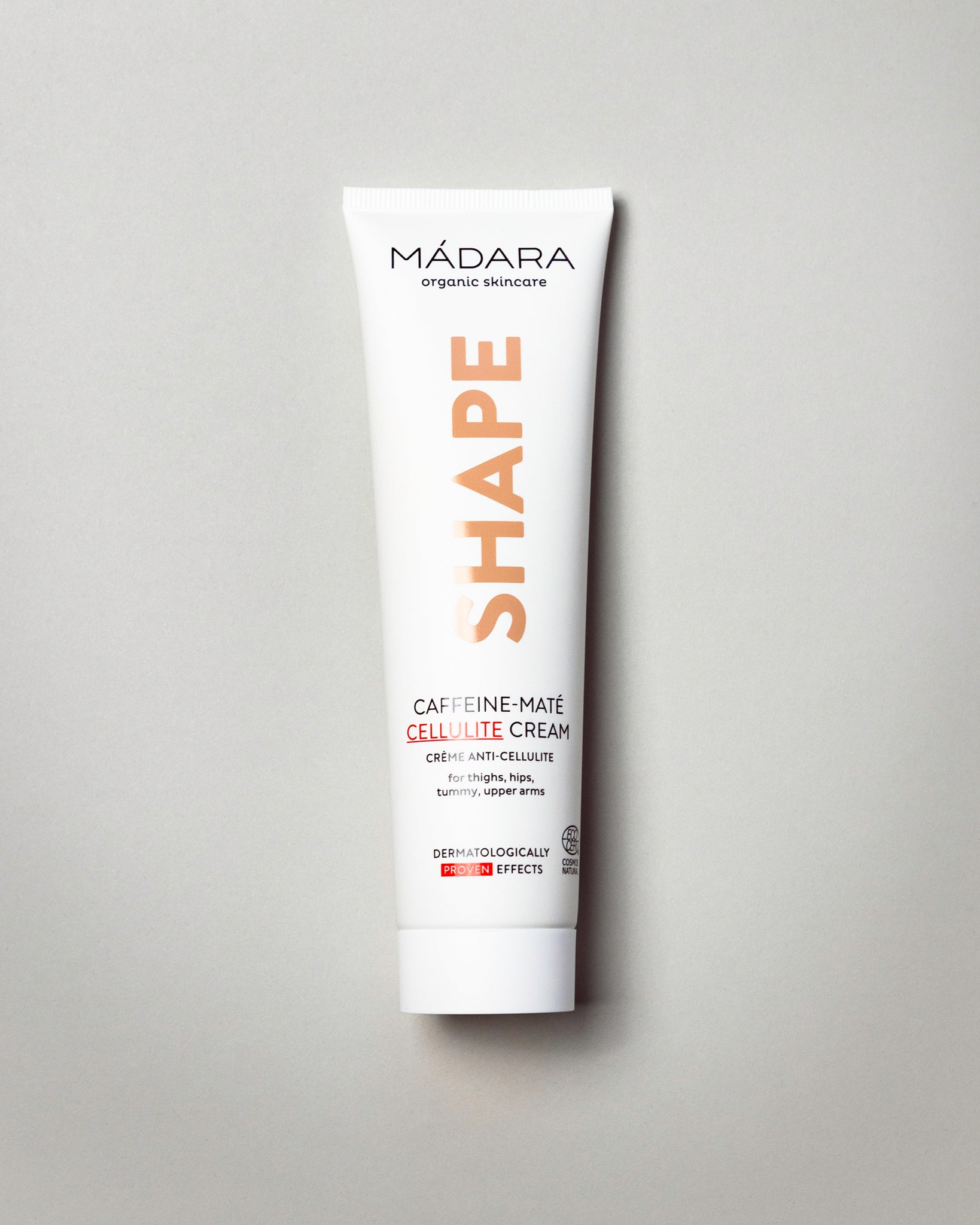 MÁDARA Organic Skincare shape caffeine mate cellulite cream travel size SM1152 face cream product photo on plain background.