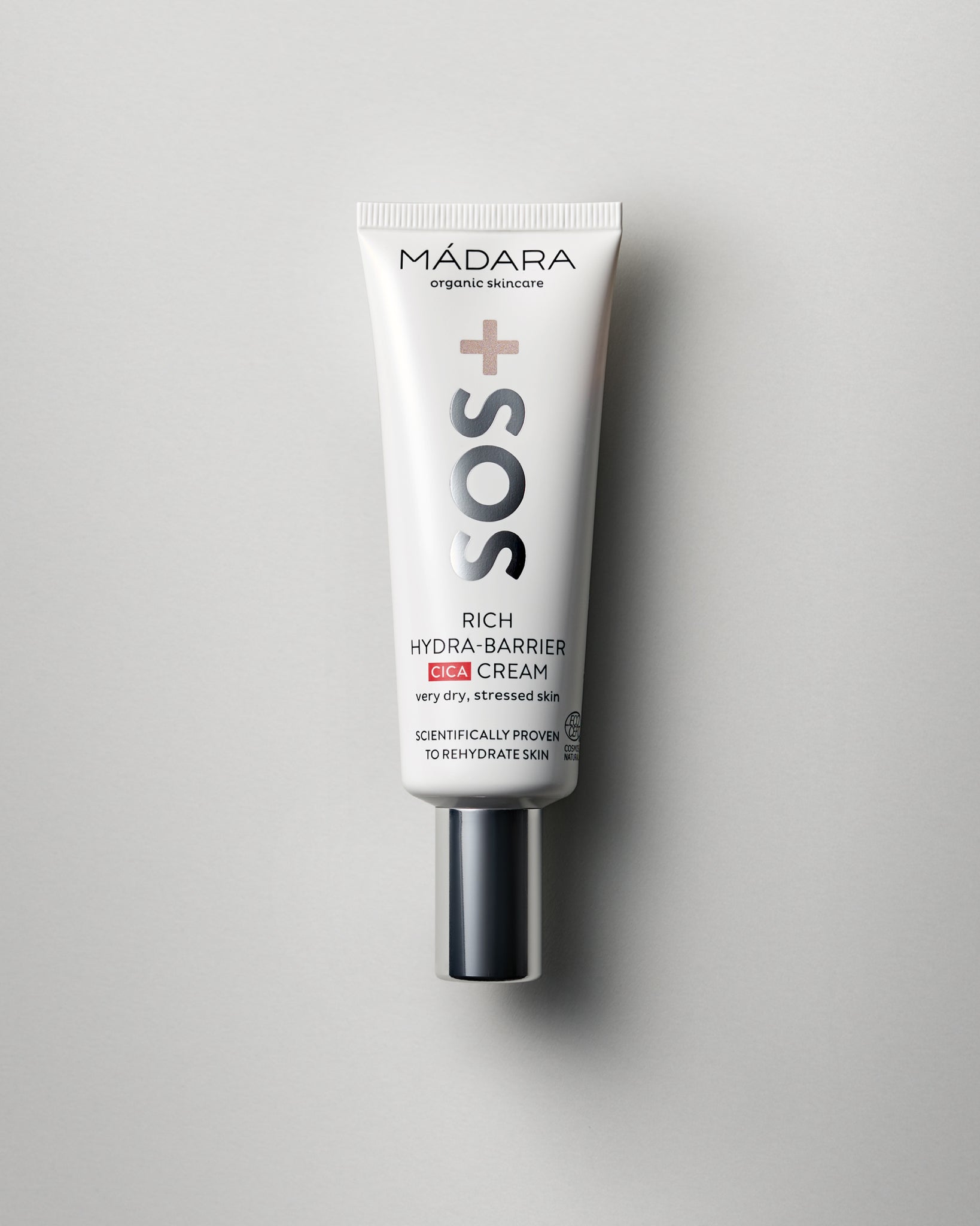 MΓDARA Organic Skincare sos rich hydra barrier cica cream A3012 face cream product photo on plain background.
