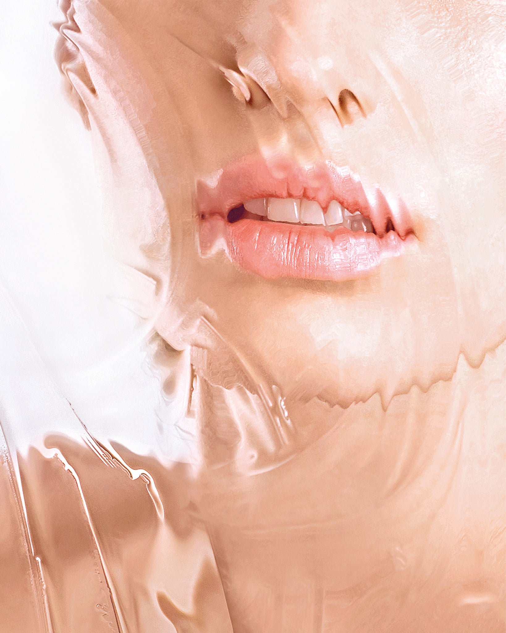 Model wearing MÁDARA Organic Skincare hydrating face serum SM3021 15 serum on skin; close-up portrait shows natural application results.