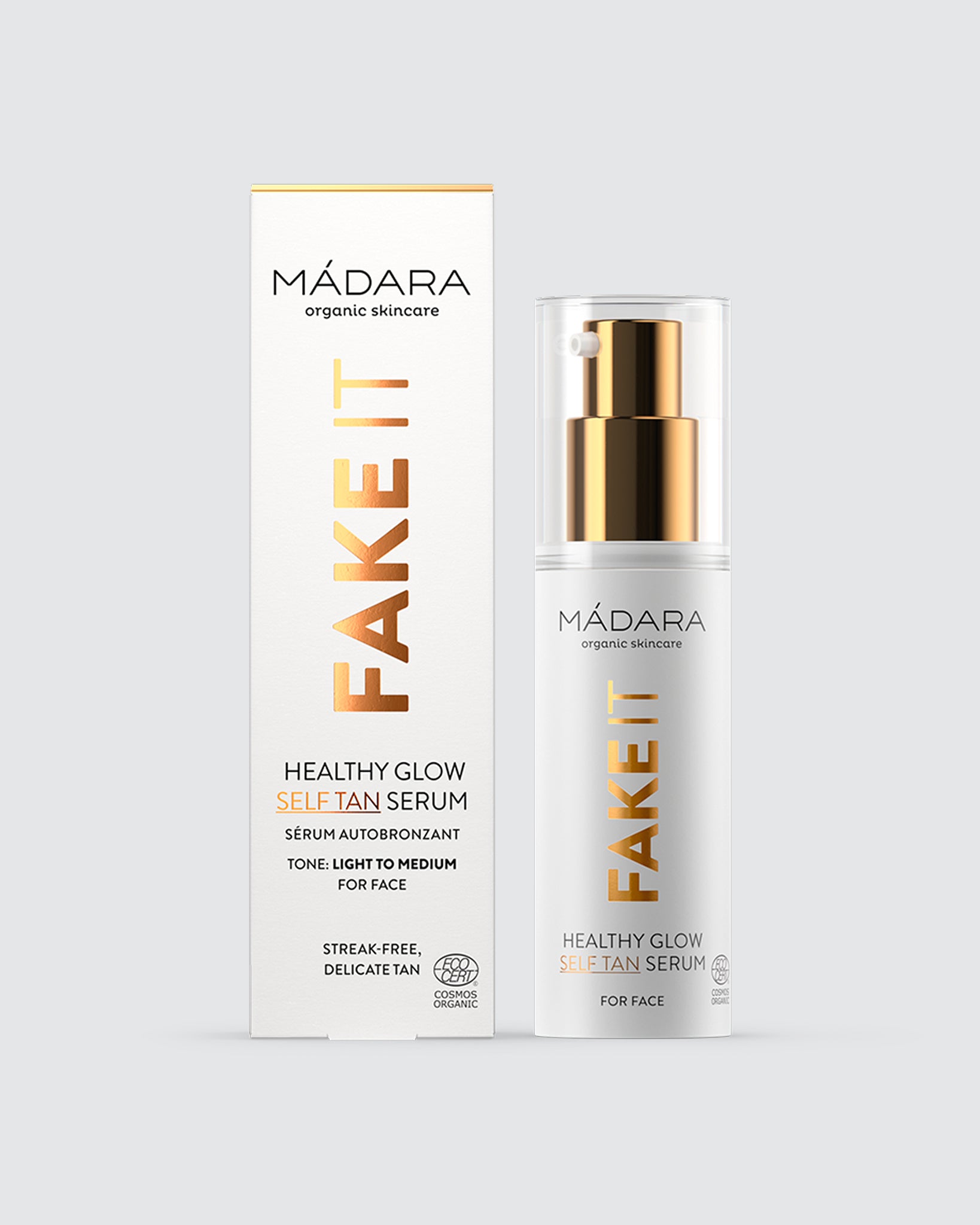 Model wearing MÁDARA Organic Skincare self tan for face 30ml A3421 on skin; close-up portrait shows natural application results.