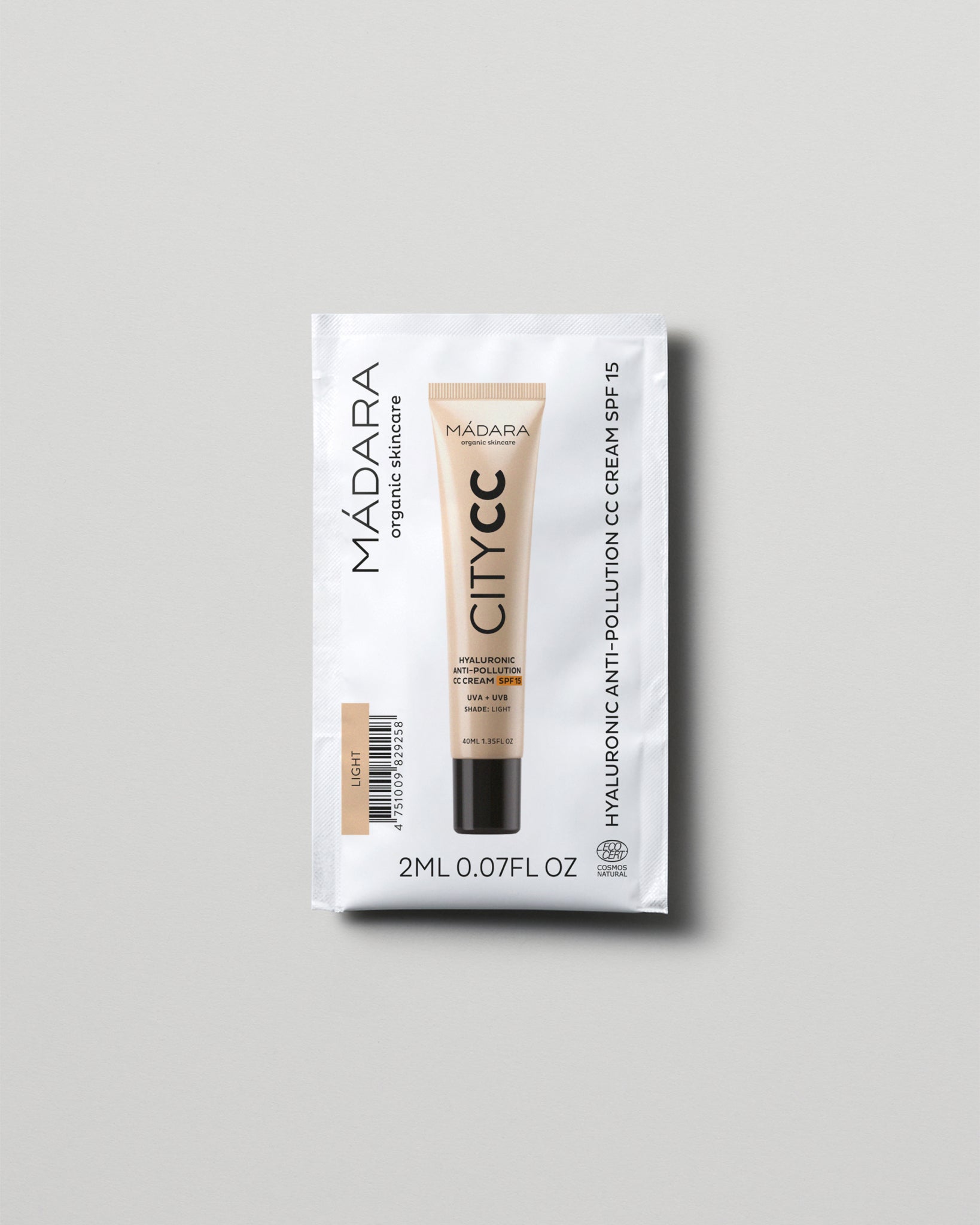 MÁDARA Organic Skincare hyaluronic anti pollution cc cream spf15 light 2ml SC3411 2 face cream product photo on plain background.