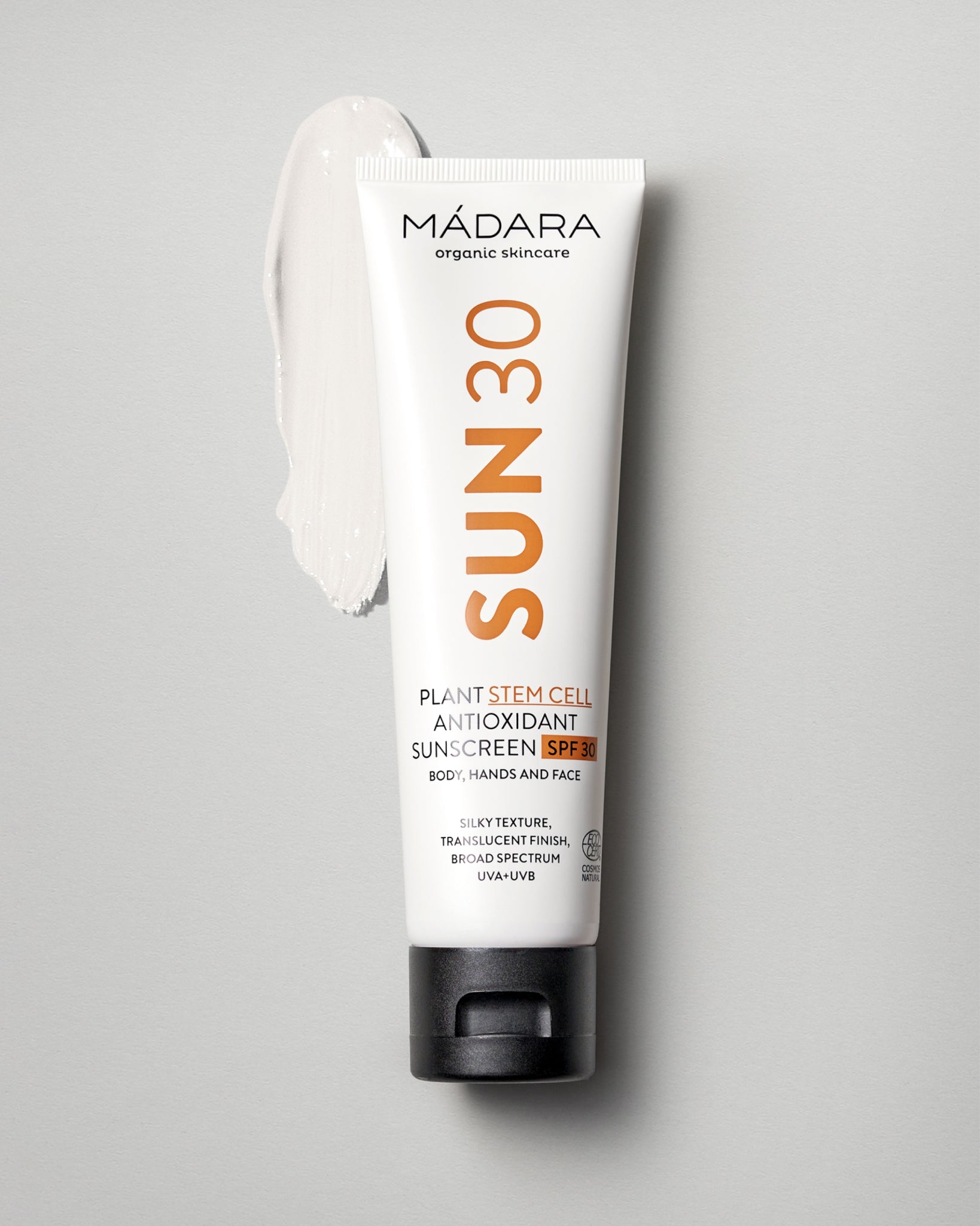 MÁDARA Organic Skincare plant stem cell antioxidant body sunscreen spf30 A3401 mineral sunscreen product photo on plain background.