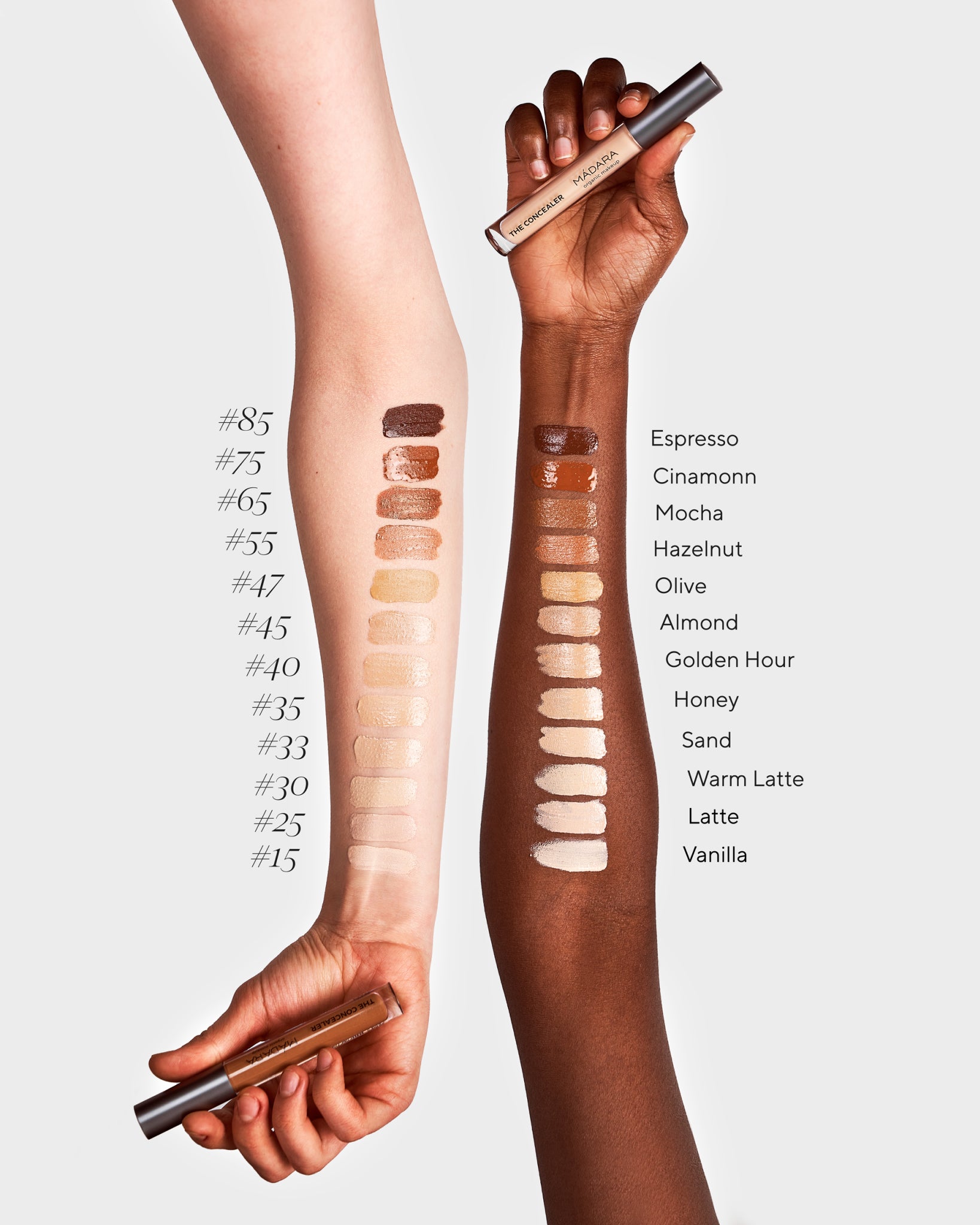 Texture close-up of MÁDARA Organic Skincare concealer swatches A6100 concealer �swatch demonstrates consistency and finish.