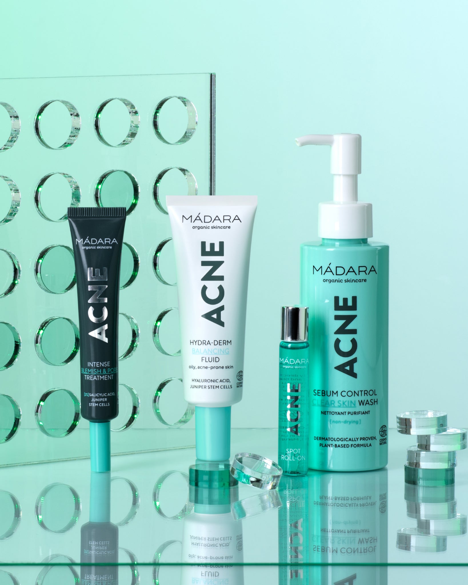 MÁDARA Organic Skincare acne collection A2103 product photo on plain background.