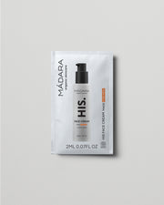 Model wearing MÁDARA Organic Skincare face cream for men 2ml sample SC5003 2 face cream on skin; close-up portrait shows natural application results.