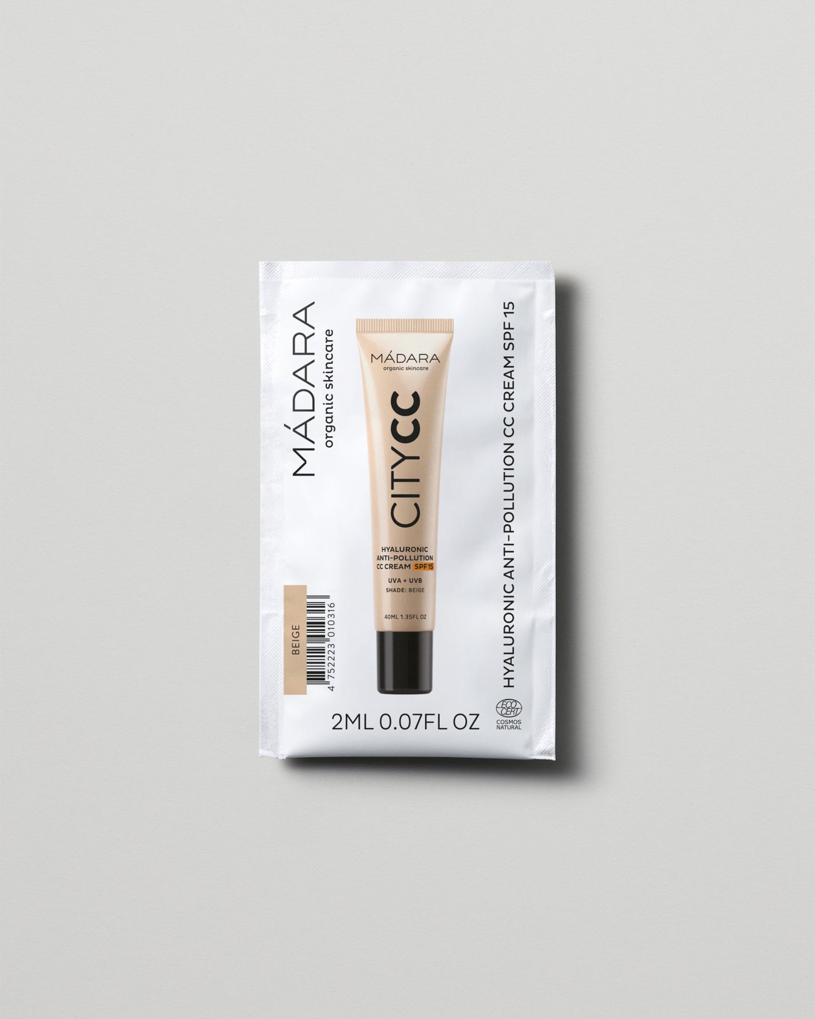 MÁDARA Organic Skincare hyaluronic anti pollution cc cream spf15 beige 2ml SC3414 2 face cream product photo on plain background.