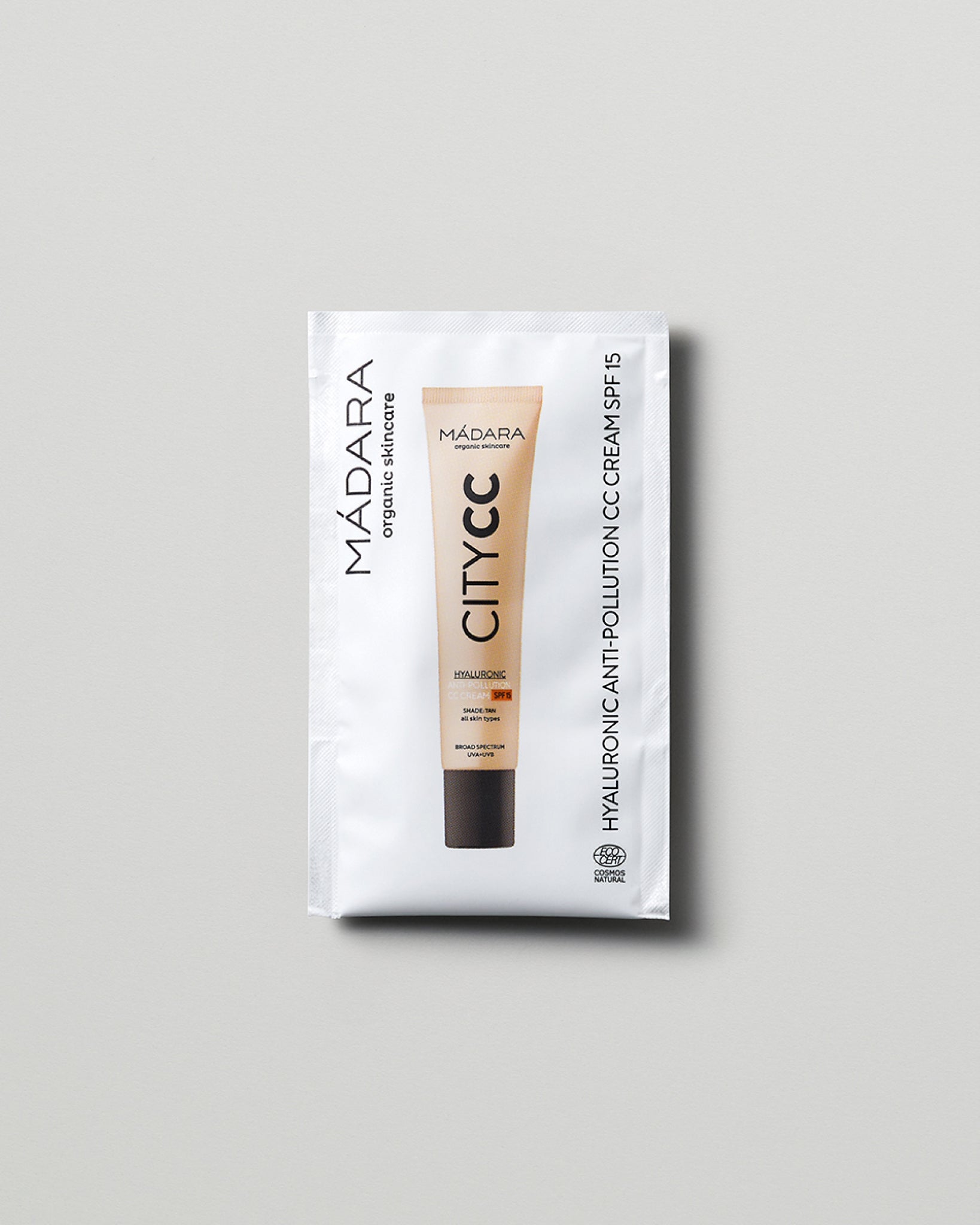 MÁDARA Organic Skincare hyaluronic anti pollution cc cream spf15 tan 2ml SC3413 2 face cream product photo on plain background.